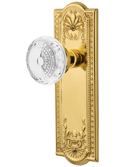 Meadows Door Set with Matching Crystal-Glass Knobs in Un-Lacquered Brass.